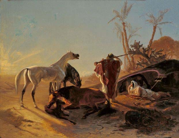 unknow artist Rastendes Beduinenpaar mit Araberpferden